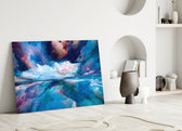 Blue Explosion glass wall art styled above a credenza in a living room