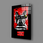 Bad Dog close-up showing bulldog mugshot under stenciled crimson text