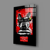Bad Dog close-up showing bulldog mugshot under stenciled crimson text