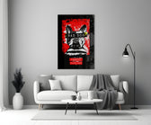Bad Dog glass wall art styled above a sofa in a gaming room