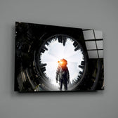 Astronaut close-up showing spaceman at circular portal threshold