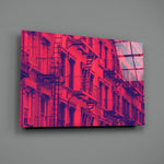 Windows close-up showing crimson and cobalt tenement facades with fire escapes