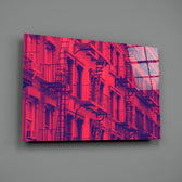 Windows close-up showing crimson and cobalt tenement facades with fire escapes