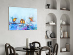 Tiny Birds glass print enhancing a bedroom with cinematic warmth