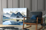 Mountains artwork anchoring a wall with serene classical palette