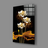 Flowers close-up showing pearl-and-gold lotus blossoms over molten ribbons