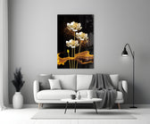 Flowers glass wall art styled above a credenza in a living room