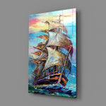 Sailboat close-up showing tall-masted galleon plowing impasto waves at dawn