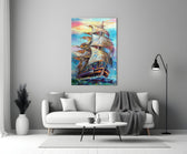 Sailboat glass wall art styled above a console in a living room