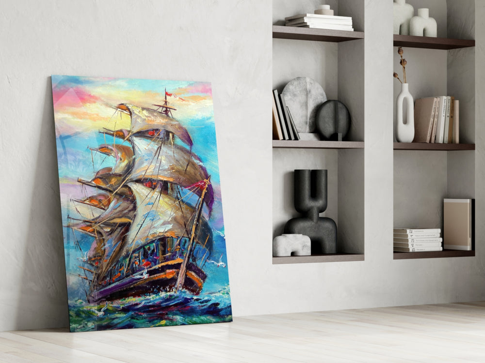 Sailboat artwork anchoring a wall with bold classical palette