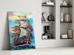Sailboat artwork anchoring a wall with bold classical palette