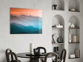 Abstraction glass print enhancing a hallway with cinematic warmth