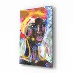 Expressionist-portrait panel bringing bold warmth to a contemporary lounge