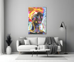 Woman with Earrings glass wall art styled above a credenza in a living room