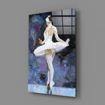 Ballerina close-up showing pearl dancer en pointe before painterly violet curtain