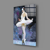 Ballerina close-up showing pearl dancer en pointe before painterly violet curtain