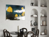 Abstraction glass print enhancing a hallway with cinematic warmth
