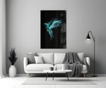 Luminious Parrot glass wall art styled above a credenza in a living room