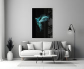 Luminious Parrot glass wall art styled above a credenza in a living room