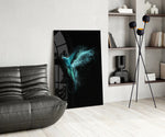 Luminious Parrot glass print enhancing an office with cinematic drama