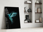 Luminious Parrot artwork anchoring a wall with bold biophilic palette