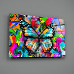 Butterfly close-up showing monarch wings on magenta cobalt lime graffiti splash