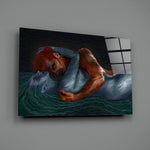 Water and Fire close-up showing flame-haired and teal-watered figures embracing