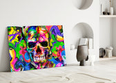 Skull glass wall art styled above a sofa in a gaming room
