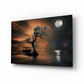 Fantasy-landscape panel bringing dreamy warmth to a contemporary lounge