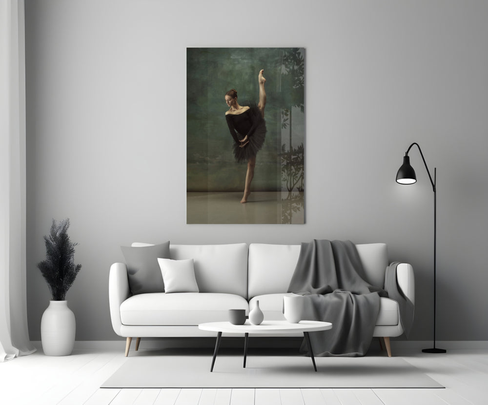 Ballerina glass wall art styled in a living room