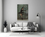 Ballerina glass wall art styled above a credenza in a living room