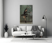 Ballerina glass wall art styled above a credenza in a living room