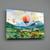 Hot Air Balloons close-up showing coral cobalt and amber balloons over emerald valley