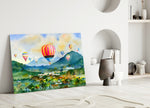 Hot Air Balloons glass wall art styled above a console in a kids room