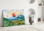 Hot Air Balloons glass wall art styled above a console in a kids room