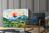 Hot Air Balloons artwork anchoring a wall with playful watercolor palette