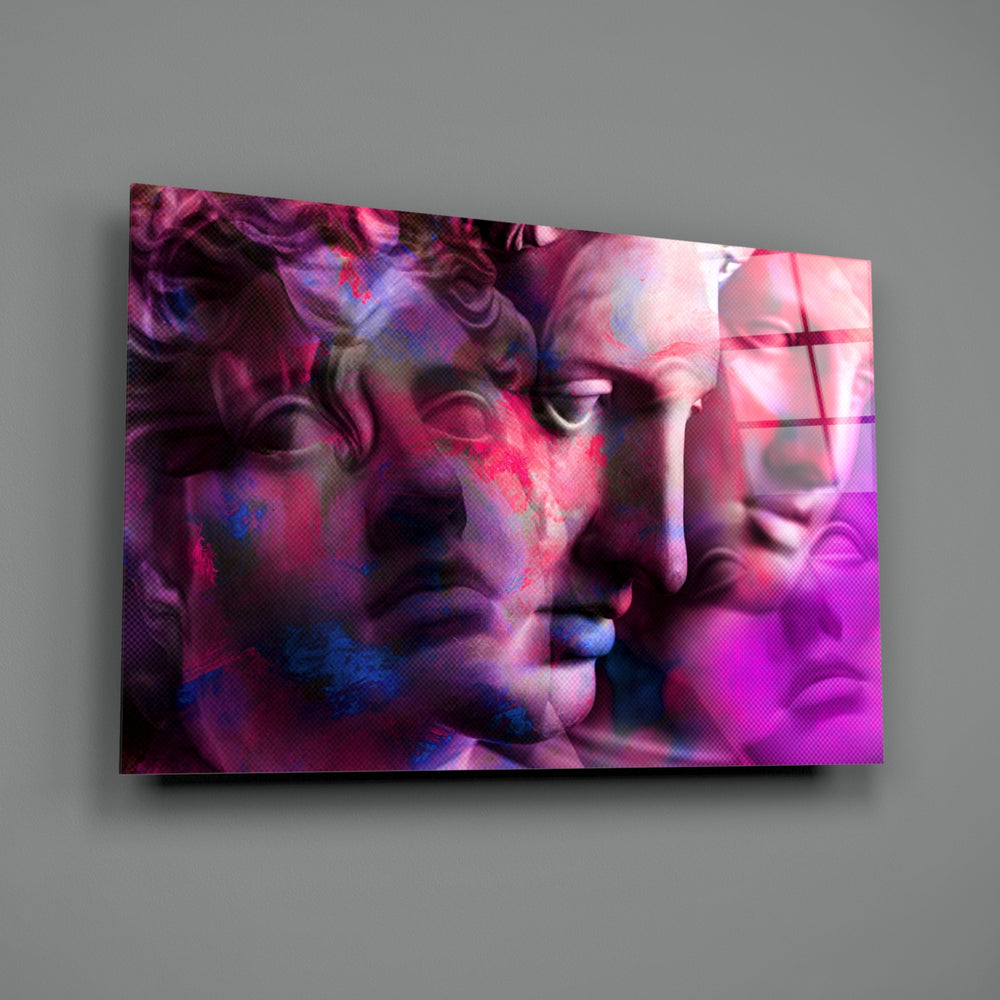 Statues close-up showing classical busts overlapped in violet and magenta glitch