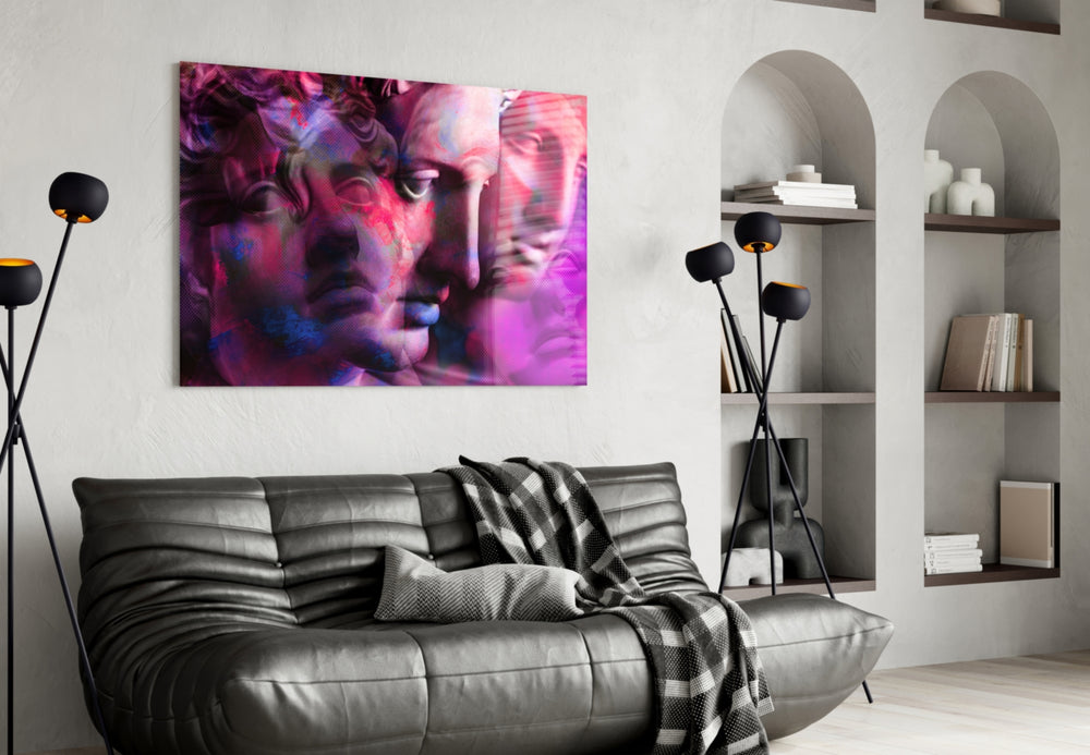 Statues panel adding editorial mood to a living room