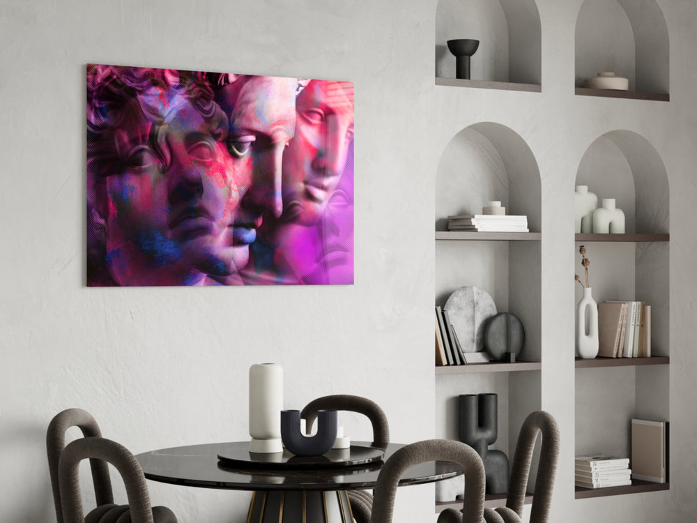 Statues glass print enhancing an office with cinematic drama