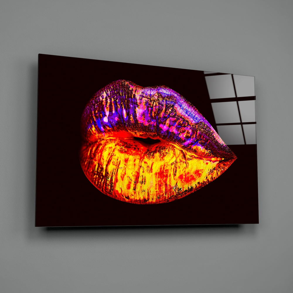Lip close-up showing glossy lips with violet amber and crimson glitter swirls