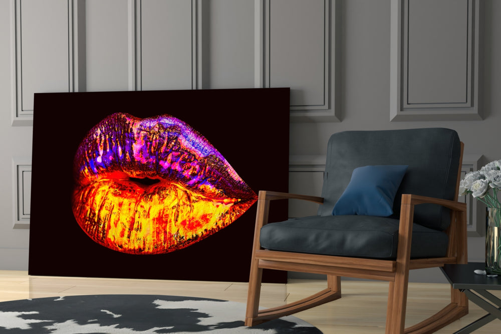 Lip artwork anchoring a wall with bold fashion palette