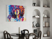 Bohemian glass print enhancing a hallway with cinematic warmth