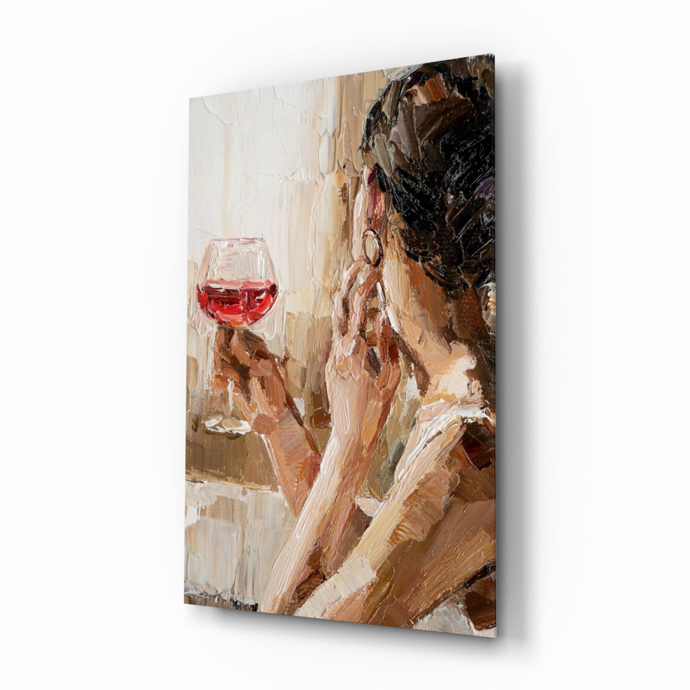 Wine and Women glass wall art displayed above a marble-topped sideboard in a candlelit dining room with burgundy velvet chairs and brass candelabra