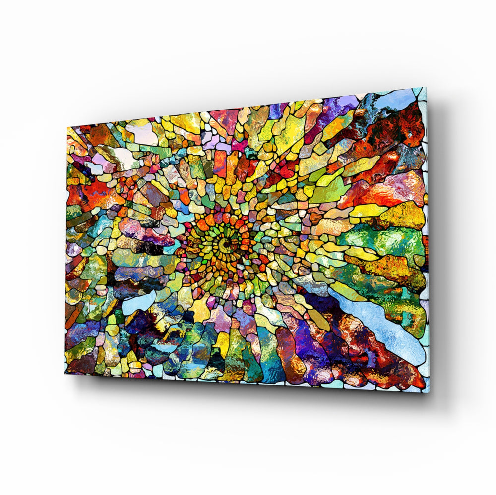 Colorful Mosaic glass wall art displayed above a walnut sideboard in a sunlit dining room with cane chairs and a brass pendant lamp