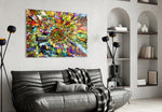 Colorful Mosaic glass wall art styled above a console in a living room