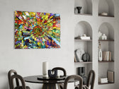 Colorful Mosaic panel adding editorial energy to a dining room