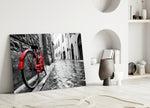 Street and Bicycle close-up showing red cruiser against rain-glazed cobblestone alley