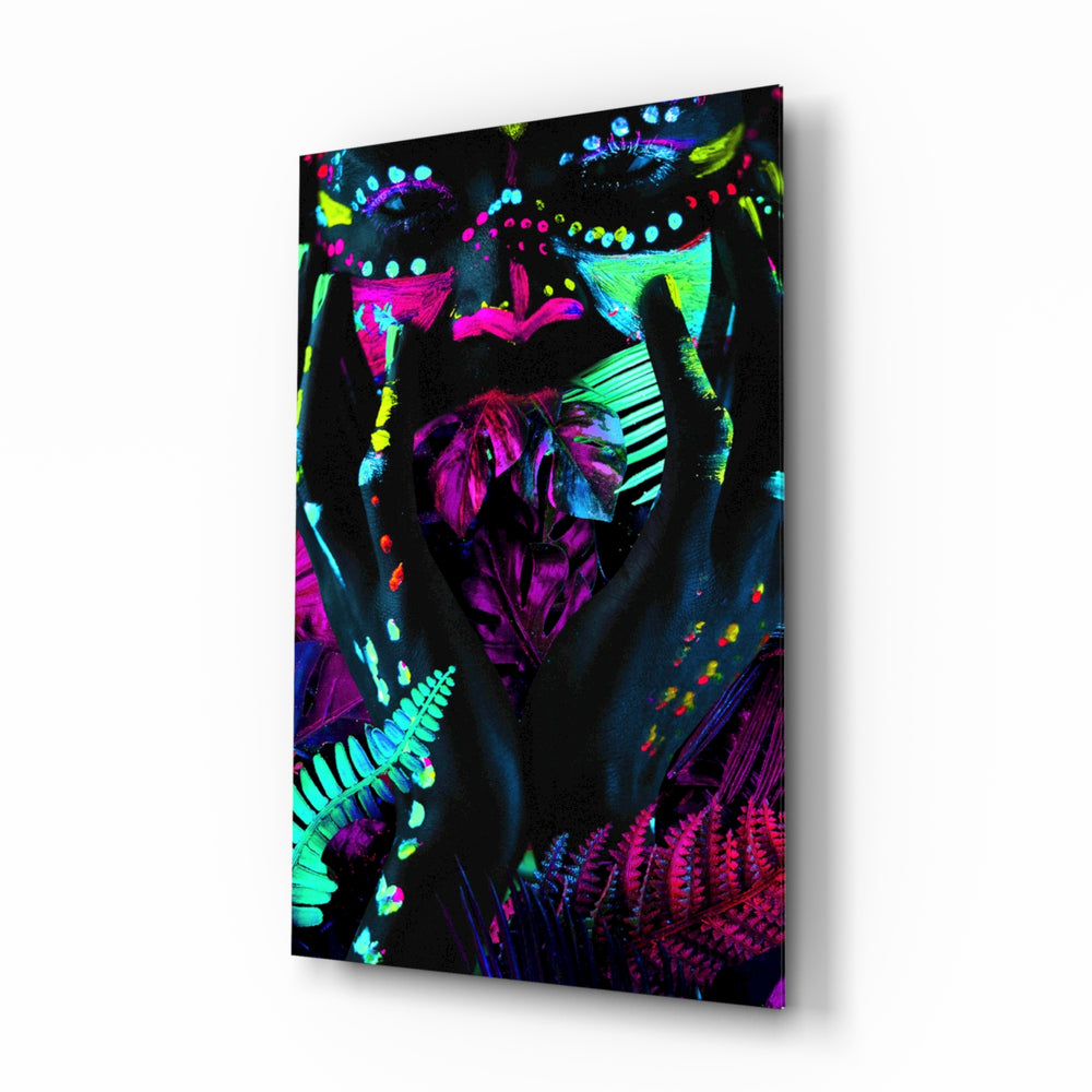 Neon Glances glass wall art displayed above a black leather sofa in a moody charcoal lounge with magenta LED strip and matte-black coffee table