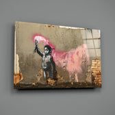 Banksy-style stencil panel bringing narrative drama to a contemporary lounge