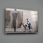 Banksy-style stencil panel bringing witty mood to a contemporary lounge